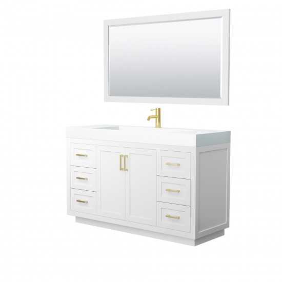 60 Inch Single Bathroom Vanity in White, 4 Inch Thick White Solid Surface Countertop, Sink, Gold Trim, 58 Inch Mirror