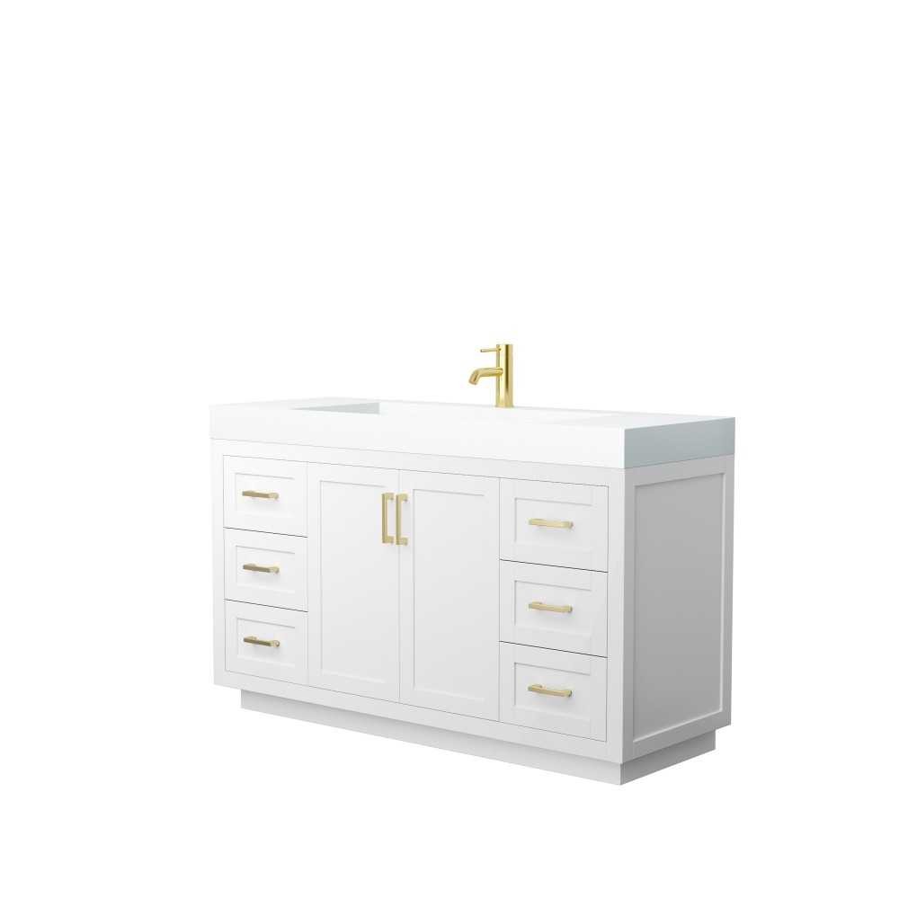 60 Inch Single Bathroom Vanity in White, 4 Inch Thick White Solid Surface Countertop, Sink, Gold Trim