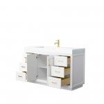 60 Inch Single Bathroom Vanity in White, 4 Inch Thick White Solid Surface Countertop, Sink, Gold Trim