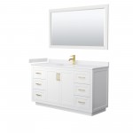 60 Inch Single Bathroom Vanity in White, White Cultured Marble Countertop, Sink, Gold Trim, 58 Inch Mirror