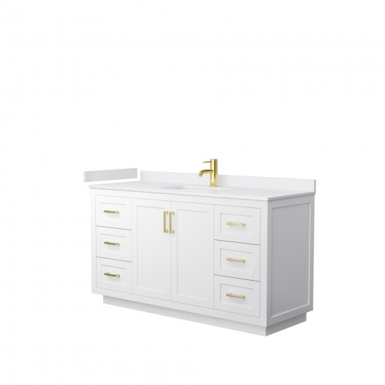 60 Inch Single Bathroom Vanity in White, White Cultured Marble Countertop, Sink, Gold Trim