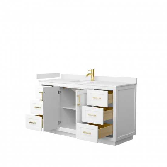 60 Inch Single Bathroom Vanity in White, White Cultured Marble Countertop, Sink, Gold Trim