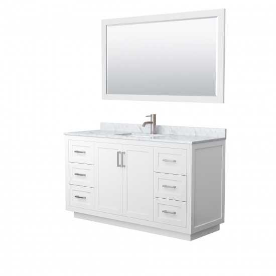 60 Inch Single Bathroom Vanity in White, White Carrara Marble Countertop, Sink, Nickel Trim, 58 Inch Mirror