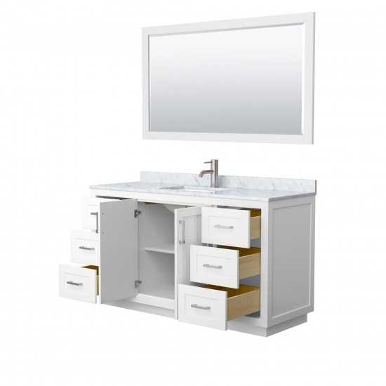 60 Inch Single Bathroom Vanity in White, White Carrara Marble Countertop, Sink, Nickel Trim, 58 Inch Mirror