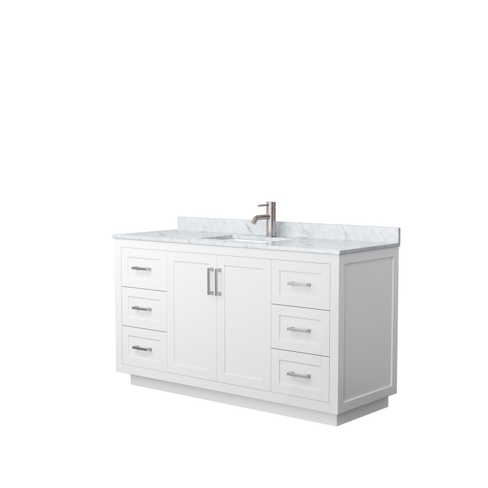 60 Inch Single Bathroom Vanity in White, White Carrara Marble Countertop, Sink, Nickel Trim