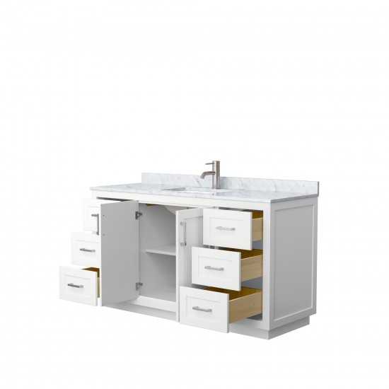 60 Inch Single Bathroom Vanity in White, White Carrara Marble Countertop, Sink, Nickel Trim