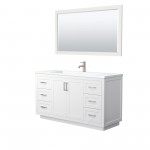 60 Inch Single Bathroom Vanity in White, 1.25 Inch Thick White Solid Surface Countertop, Sink, Nickel Trim, 58 Inch Mirror