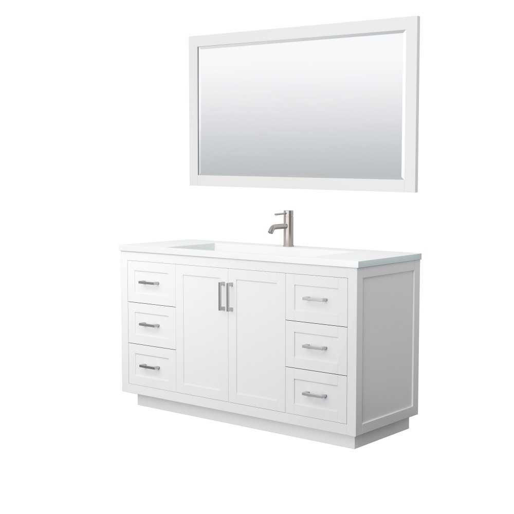 60 Inch Single Bathroom Vanity in White, 1.25 Inch Thick White Solid Surface Countertop, Sink, Nickel Trim, 58 Inch Mirror