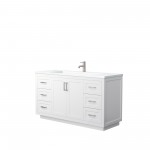 60 Inch Single Bathroom Vanity in White, 1.25 Inch Thick White Solid Surface Countertop, Sink, Nickel Trim