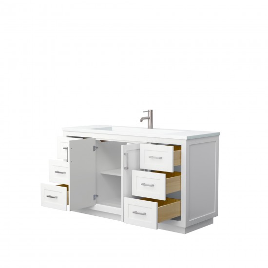 60 Inch Single Bathroom Vanity in White, 1.25 Inch Thick White Solid Surface Countertop, Sink, Nickel Trim