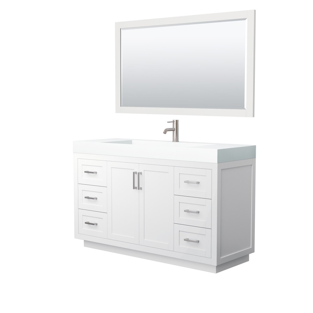 60 Inch Single Bathroom Vanity in White, 4 Inch Thick White Solid Surface Countertop, Sink, Nickel Trim, 58 Inch Mirror