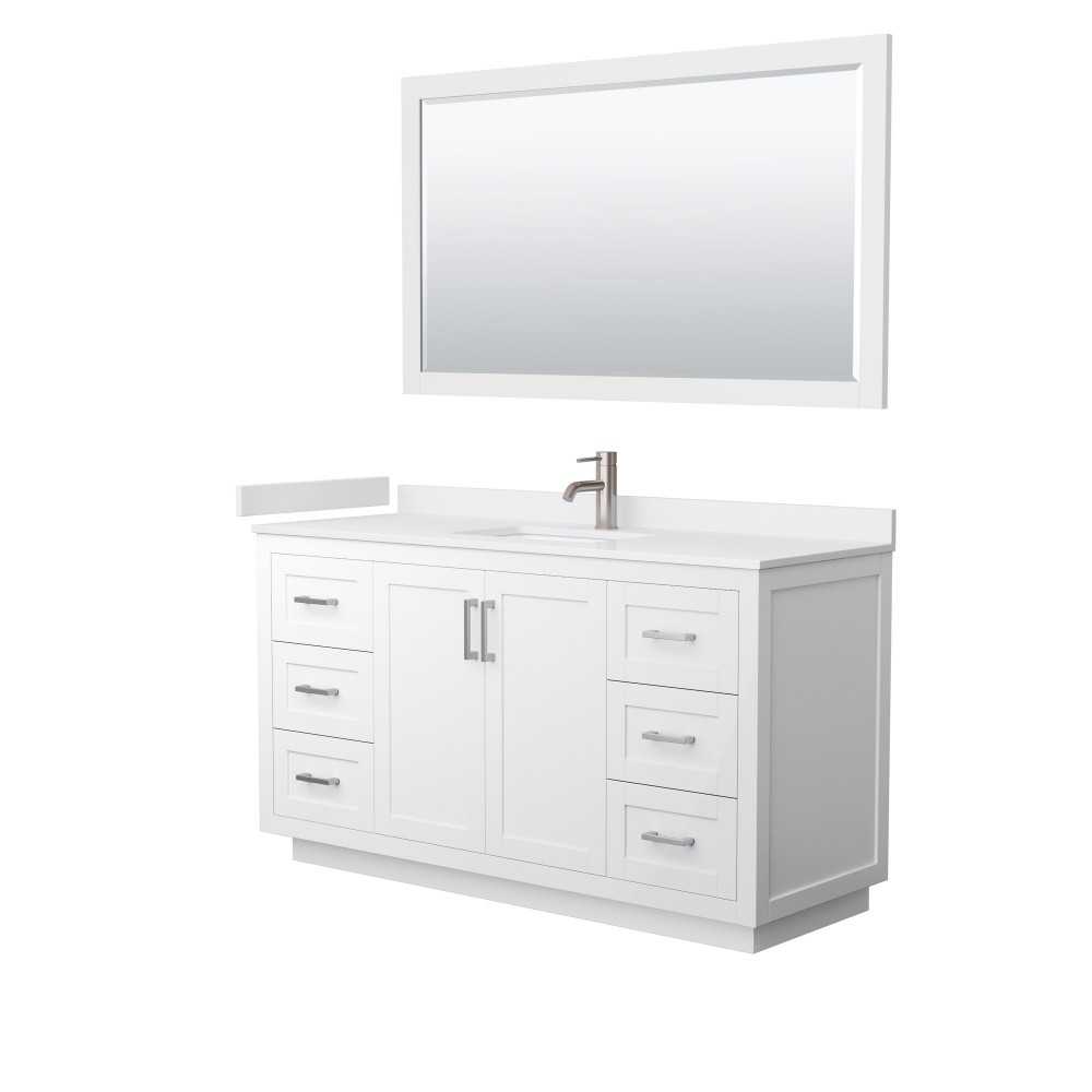 60 Inch Single Bathroom Vanity in White, White Cultured Marble Countertop, Sink, Nickel Trim, 58 Inch Mirror