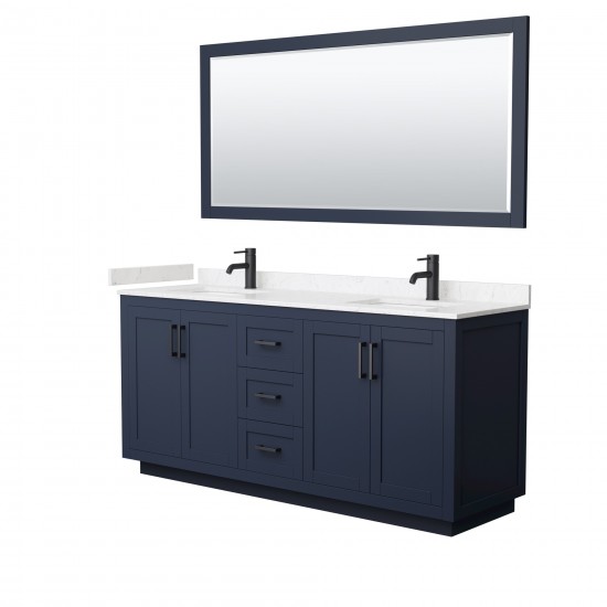 72 Inch Double Bathroom Vanity in Dark Blue, Light-Vein Carrara Cultured Marble Countertop, Sinks, Black Trim, 70 Inch Mirror