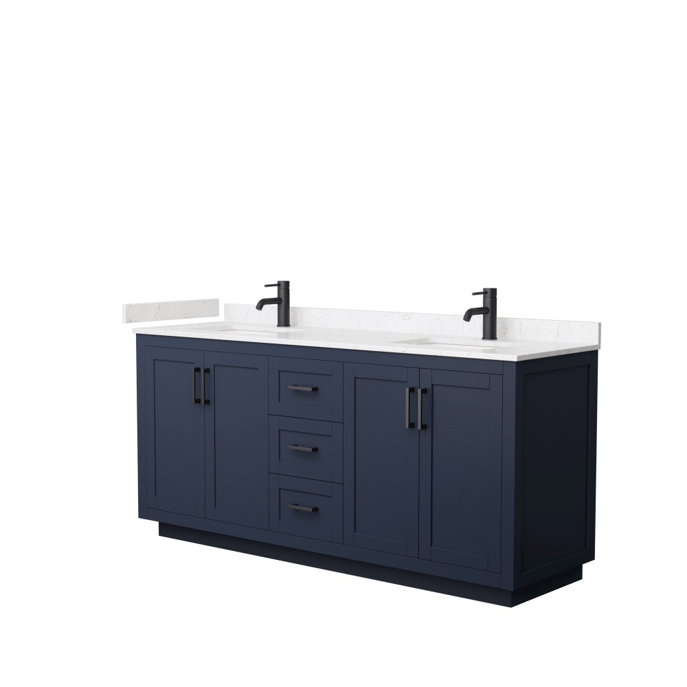 72 Inch Double Bathroom Vanity in Dark Blue, Light-Vein Carrara Cultured Marble Countertop, Sinks, Black Trim