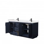 72 Inch Double Bathroom Vanity in Dark Blue, Light-Vein Carrara Cultured Marble Countertop, Sinks, Black Trim