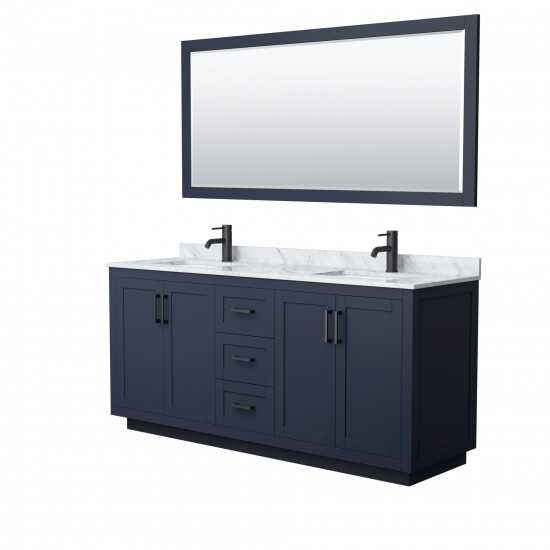 72 Inch Double Bathroom Vanity in Dark Blue, White Carrara Marble Countertop, Sinks, Black Trim, 70 Inch Mirror