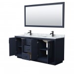 72 Inch Double Bathroom Vanity in Dark Blue, White Carrara Marble Countertop, Sinks, Black Trim, 70 Inch Mirror