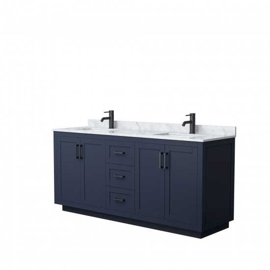 72 Inch Double Bathroom Vanity in Dark Blue, White Carrara Marble Countertop, Sinks, Black Trim