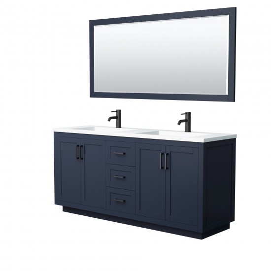 72 Inch Double Bathroom Vanity in Dark Blue, 1.25 Inch Thick White Solid Surface Countertop, Sinks, Black Trim, 70 Inch Mirro