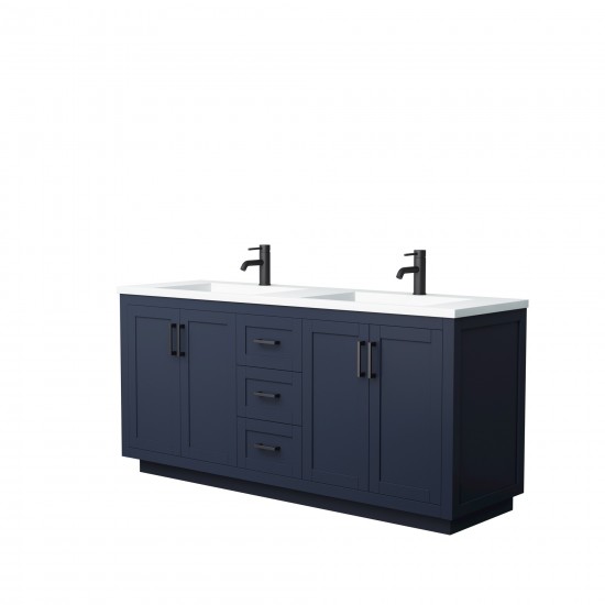 72 Inch Double Bathroom Vanity in Dark Blue, 1.25 Inch Thick White Solid Surface Countertop, Sinks, Black Trim