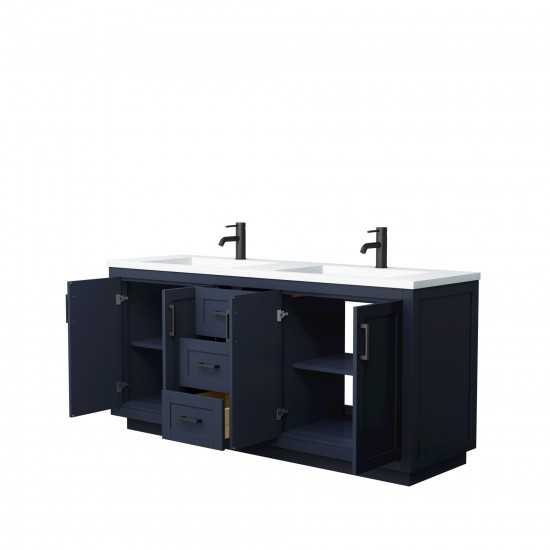 72 Inch Double Bathroom Vanity in Dark Blue, 1.25 Inch Thick White Solid Surface Countertop, Sinks, Black Trim