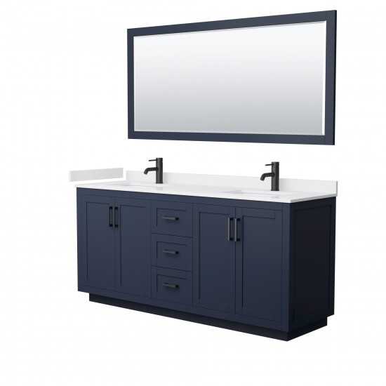 72 Inch Double Bathroom Vanity in Dark Blue, White Cultured Marble Countertop, Sinks, Black Trim, 70 Inch Mirror