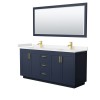 72 Inch Double Bathroom Vanity in Dark Blue, Light-Vein Carrara Cultured Marble Countertop, Sinks, Gold Trim, 70 Inch Mirror