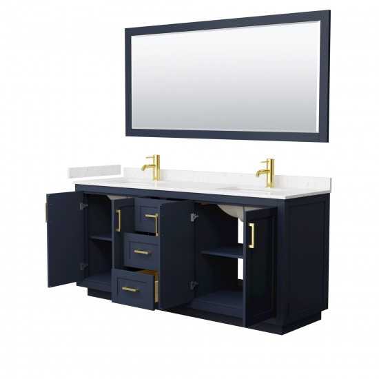 72 Inch Double Bathroom Vanity in Dark Blue, Light-Vein Carrara Cultured Marble Countertop, Sinks, Gold Trim, 70 Inch Mirror