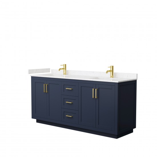 72 Inch Double Bathroom Vanity in Dark Blue, Light-Vein Carrara Cultured Marble Countertop, Sinks, Gold Trim