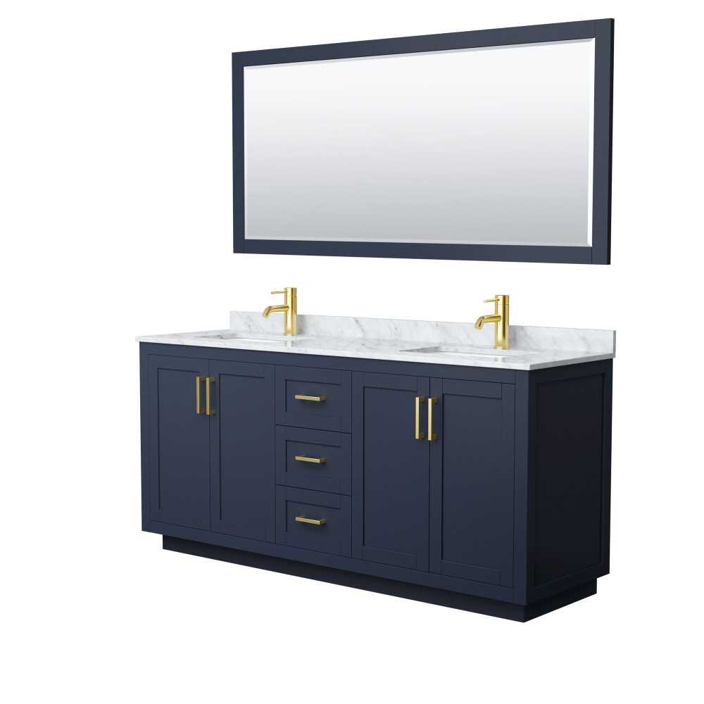 72 Inch Double Bathroom Vanity in Dark Blue, White Carrara Marble Countertop, Sinks, Gold Trim, 70 Inch Mirror