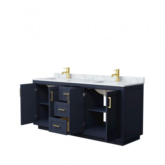 72 Inch Double Bathroom Vanity in Dark Blue, White Carrara Marble Countertop, Sinks, Gold Trim