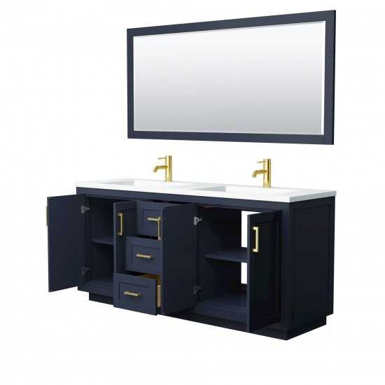72 Inch Double Bathroom Vanity in Dark Blue, 1.25 Inch Thick White Solid Surface Countertop, Sinks, Gold Trim, 70 Inch Mirror