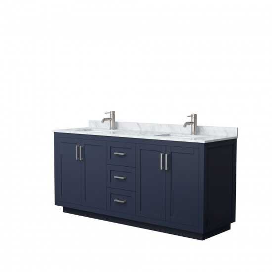72 Inch Double Bathroom Vanity in Dark Blue, White Carrara Marble Countertop, Sinks, Nickel Trim