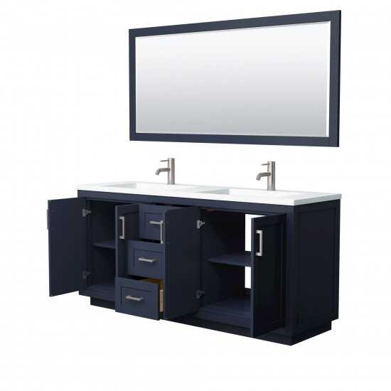 72 Inch Double Bathroom Vanity in Dark Blue, 1.25 Inch Thick White Solid Surface Countertop, Sinks, Nickel Trim, 70 Inch Mirr