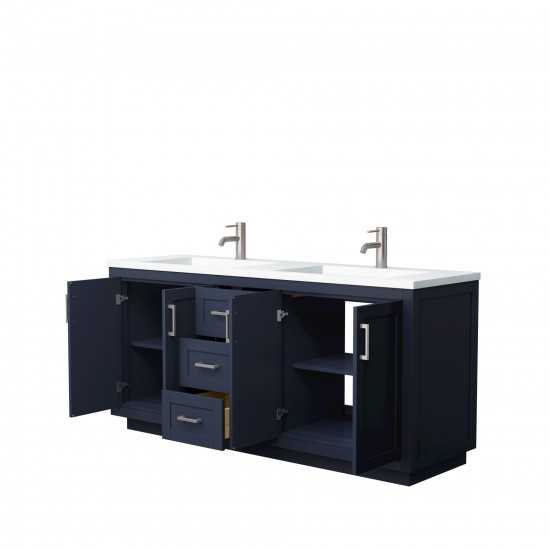 72 Inch Double Bathroom Vanity in Dark Blue, 1.25 Inch Thick White Solid Surface Countertop, Sinks, Nickel Trim