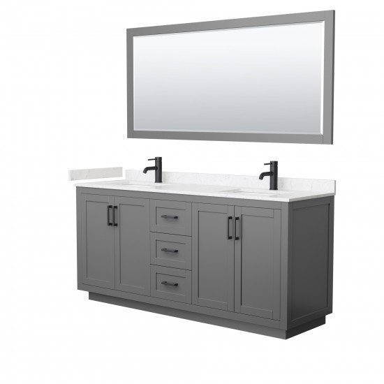 72 Inch Double Bathroom Vanity in Dark Gray, Light-Vein Carrara Cultured Marble Countertop, Sinks, Black Trim, 70 Inch Mirror