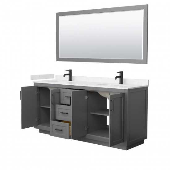 72 Inch Double Bathroom Vanity in Dark Gray, Light-Vein Carrara Cultured Marble Countertop, Sinks, Black Trim, 70 Inch Mirror