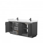 72 Inch Double Bathroom Vanity in Dark Gray, Light-Vein Carrara Cultured Marble Countertop, Sinks, Black Trim