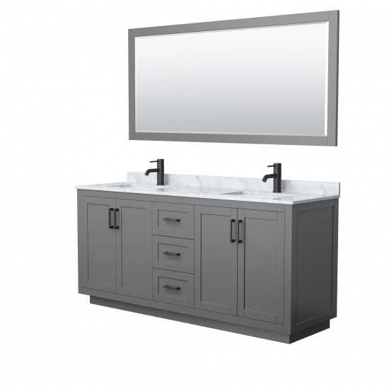 72 Inch Double Bathroom Vanity in Dark Gray, White Carrara Marble Countertop, Sinks, Black Trim, 70 Inch Mirror