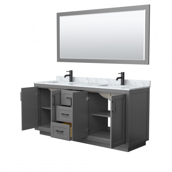 72 Inch Double Bathroom Vanity in Dark Gray, White Carrara Marble Countertop, Sinks, Black Trim, 70 Inch Mirror