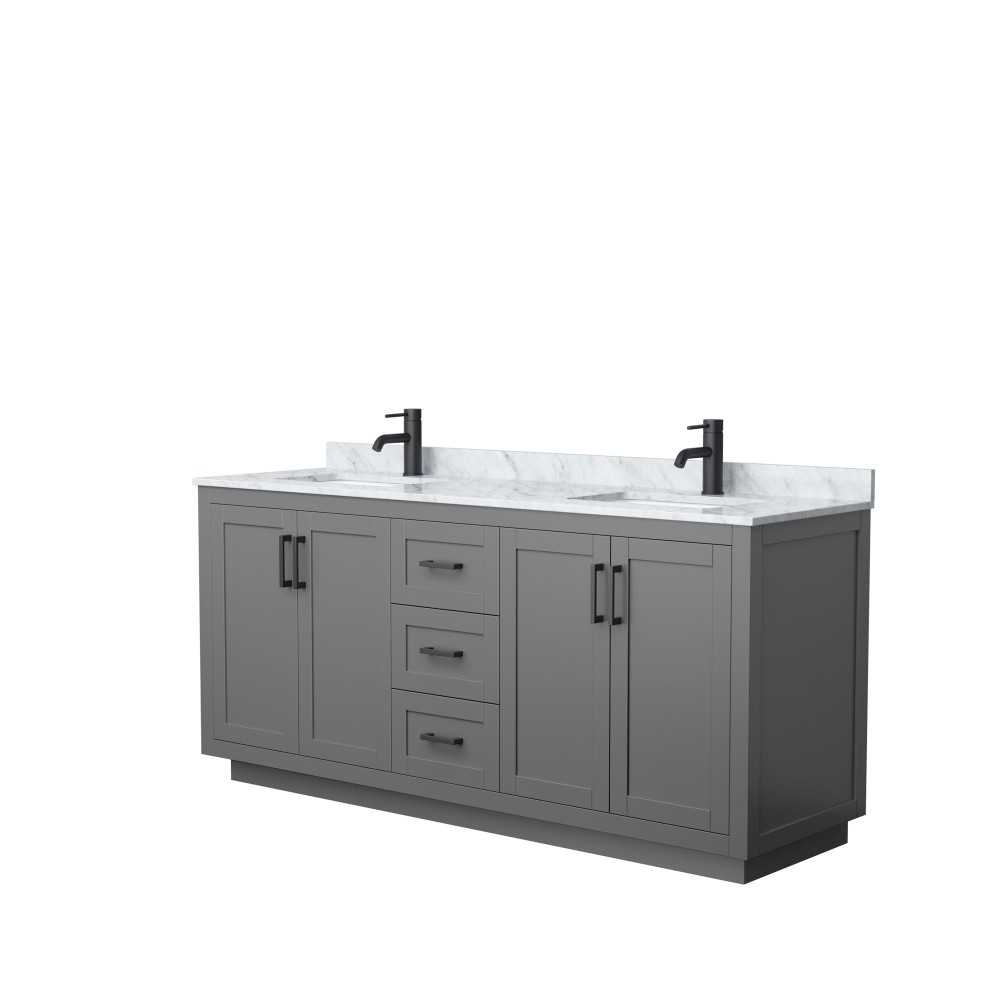 72 Inch Double Bathroom Vanity in Dark Gray, White Carrara Marble Countertop, Sinks, Black Trim