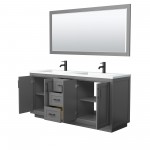 72 Inch Double Bathroom Vanity in Dark Gray, 1.25 Inch Thick White Solid Surface Countertop, Sinks, Black Trim, 70 Inch Mirro