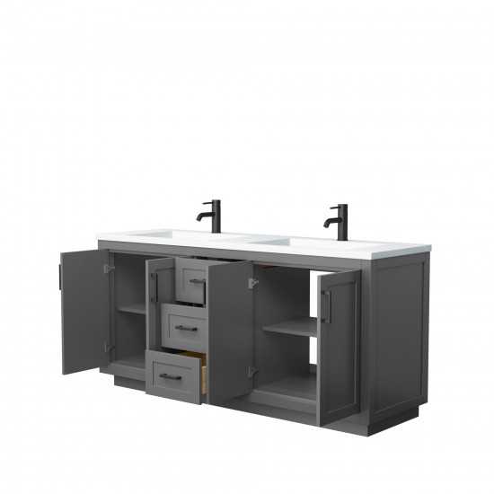 72 Inch Double Bathroom Vanity in Dark Gray, 1.25 Inch Thick White Solid Surface Countertop, Sinks, Black Trim