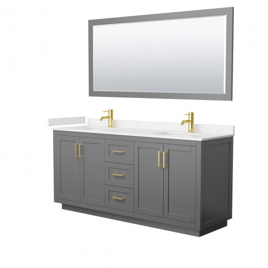 72 Inch Double Bathroom Vanity in Dark Gray, Light-Vein Carrara Cultured Marble Countertop, Sinks, Gold Trim, 70 Inch Mirror