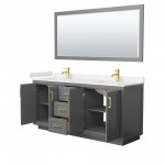 72 Inch Double Bathroom Vanity in Dark Gray, Light-Vein Carrara Cultured Marble Countertop, Sinks, Gold Trim, 70 Inch Mirror