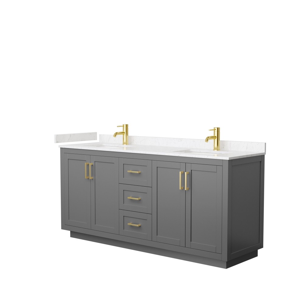 72 Inch Double Bathroom Vanity in Dark Gray, Light-Vein Carrara Cultured Marble Countertop, Sinks, Gold Trim