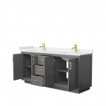 72 Inch Double Bathroom Vanity in Dark Gray, Light-Vein Carrara Cultured Marble Countertop, Sinks, Gold Trim