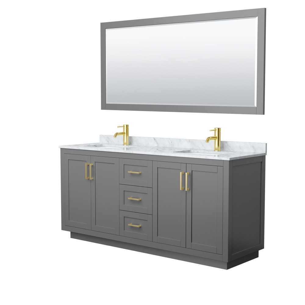 72 Inch Double Bathroom Vanity in Dark Gray, White Carrara Marble Countertop, Sinks, Gold Trim, 70 Inch Mirror