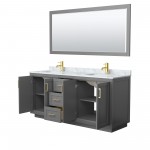 72 Inch Double Bathroom Vanity in Dark Gray, White Carrara Marble Countertop, Sinks, Gold Trim, 70 Inch Mirror