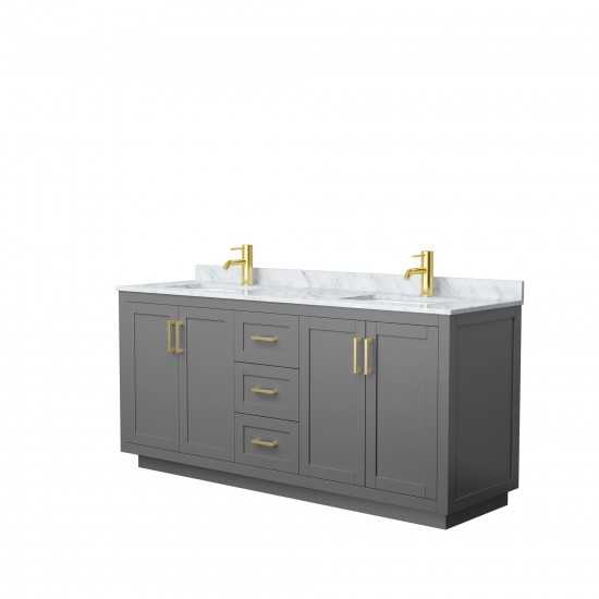 72 Inch Double Bathroom Vanity in Dark Gray, White Carrara Marble Countertop, Sinks, Gold Trim